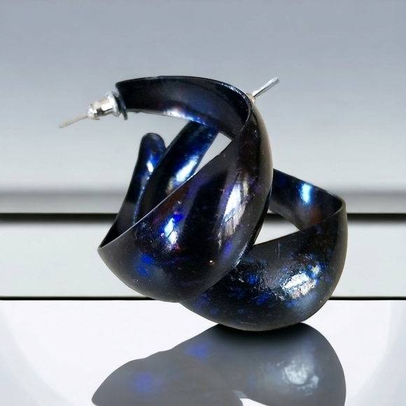 Vintage 1960s Pop Art Black Splatter Enamel Hoop Style Earrings - Picture 2 of 16